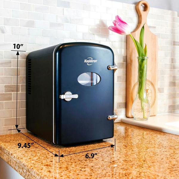 Koolatron 4L Mini Fridge For Bedrooms 6 Can Table Top 12V Portable Cooler Skincare Black