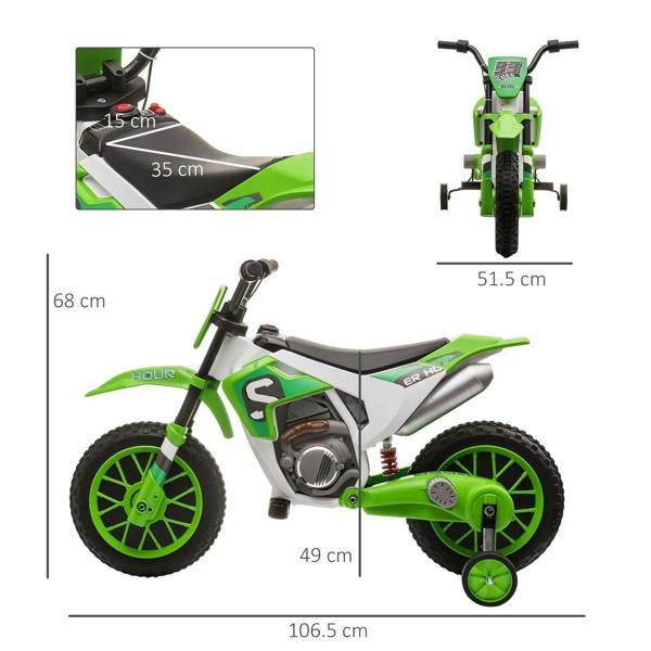 Green and white kids electric ride-on motorcycle with training wheels, side view with sizing
