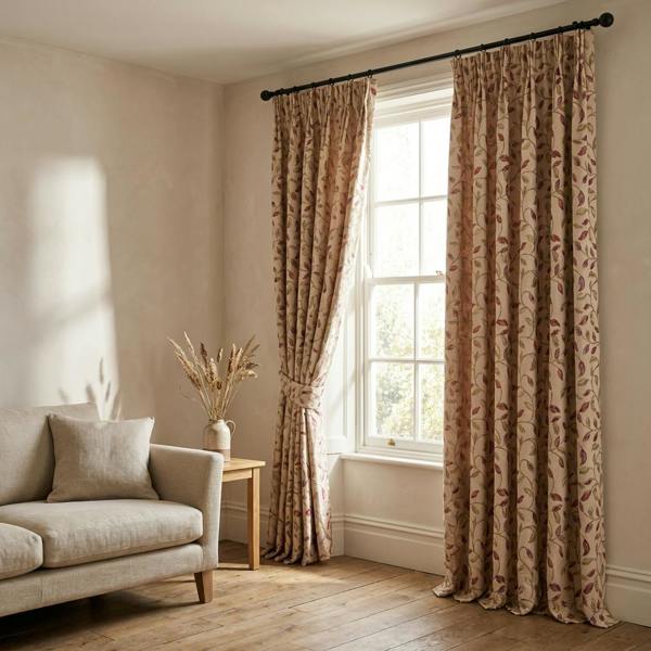Kew made-to-measure curtains in Berry, styled in a living room