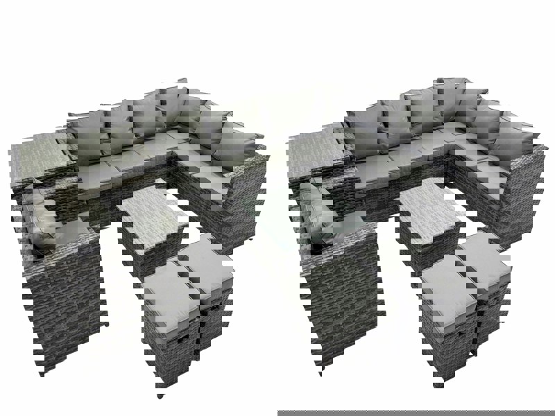 Fimous Outdoor PE Rattan Garden Furniture Sofa Set with Square Coffee Table Chair Side Table 2 Small Stools Dark Grey