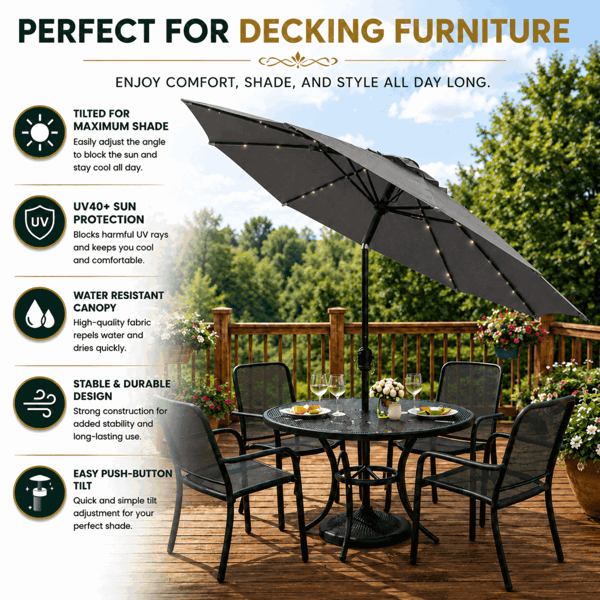 GlamHaus Garden Parasol Solar LED 2.7M ,Tilting Table Umbrella with Crank Handle, Protection UV40, Free Parasol Cover- Dark Grey