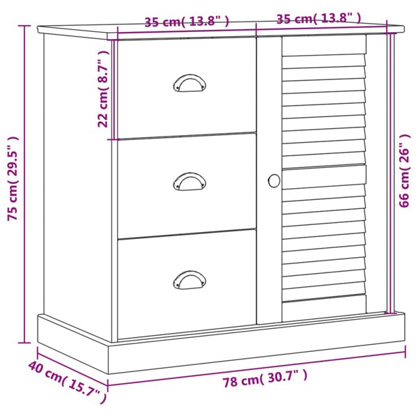 Berkfield Sideboard with Drawers VIGO 78x40x75 cm White Solid Wood Pine