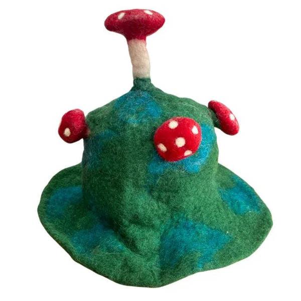 Felted mushroom hat with red-spotted cap and green wide brim