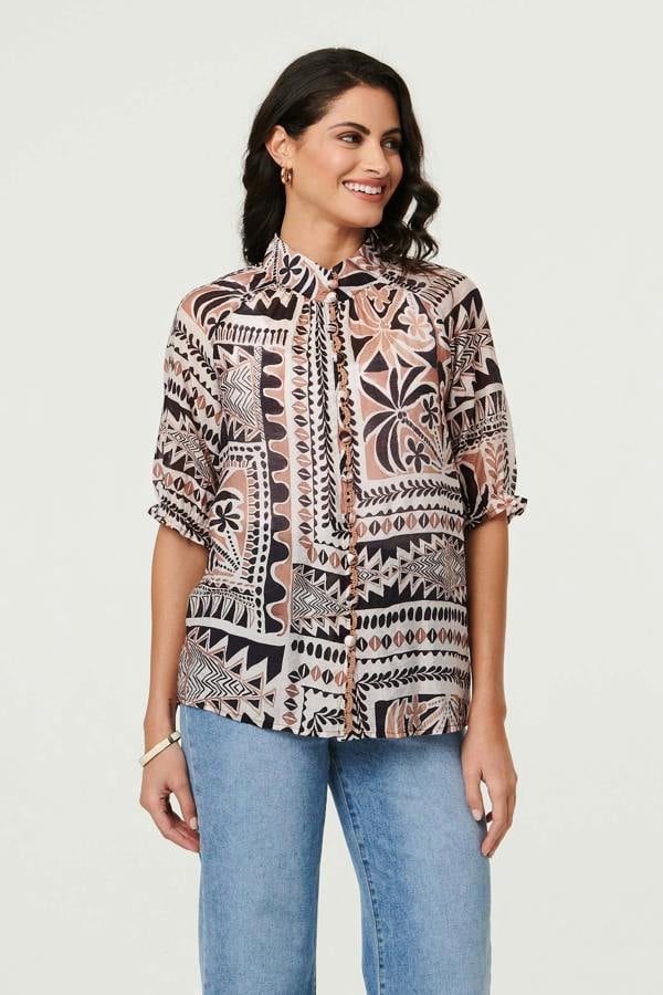 Brown | Abstract 3/4 Sleeve High Neck Shirt