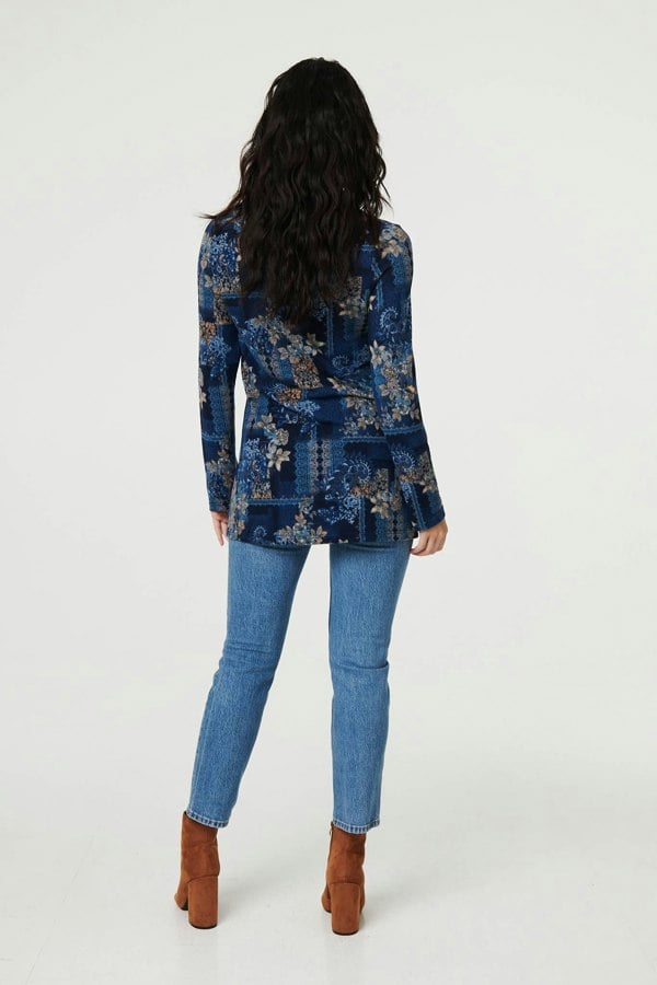 Blue | Printed Cowl Neck Long Sleeve Tunic Top