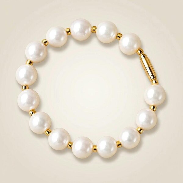 The Colourful Aura 12mm White Pearl Beaded Bracelet with Gold Screw Lock Clasp