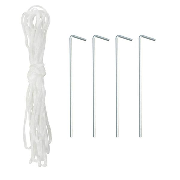 White tying rope and four U-shaped steel stakes for greenhouse setup