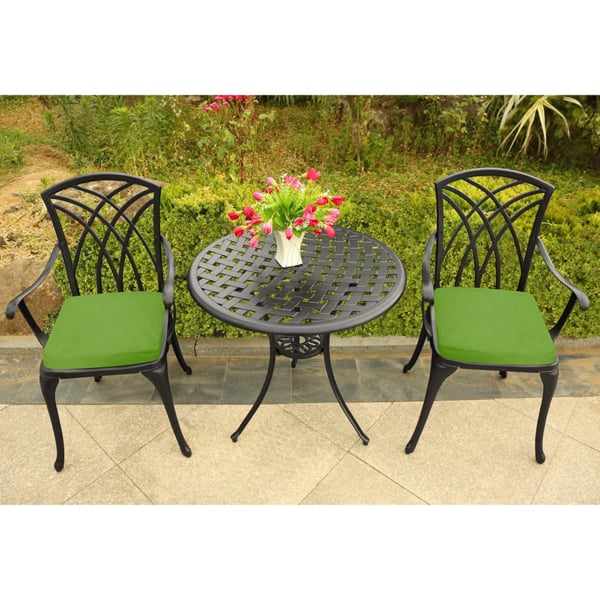 Centurion Supports OSHOWA Luxurious Garden and Patio Table and 2 Large Chairs with Armrests Cast Aluminium Bistro Set - Black with Green Cushions