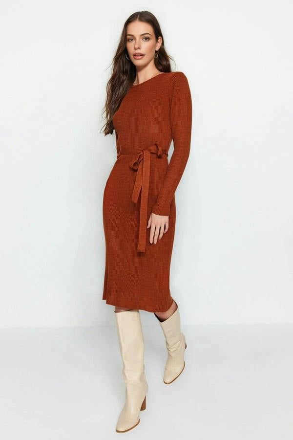 WOVCOR Midi Knit Belt Detail Dress