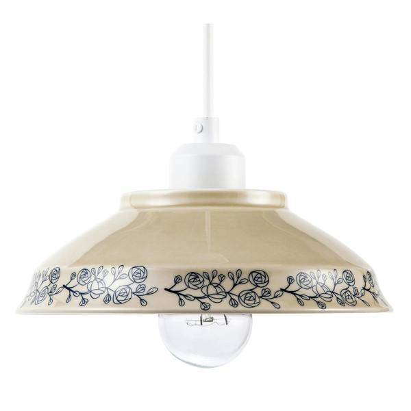 Cream Gloss Ceramic Pendant Light Shade with Navy Blue Floral Design Image 4