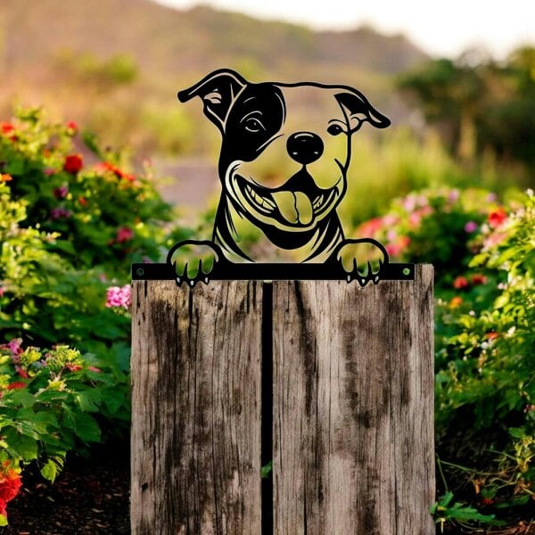EDH Door Hardware Metal Staffie Peeking Dog Silhouette – 25cm x 9cm x 1.5cm | Decorative Metal Dog Art for Home & Garden Décor
