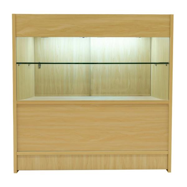 Selene LED shop counter set in maple finish, featuring a glass display shelf and soft interior lighting for enhanced visibility