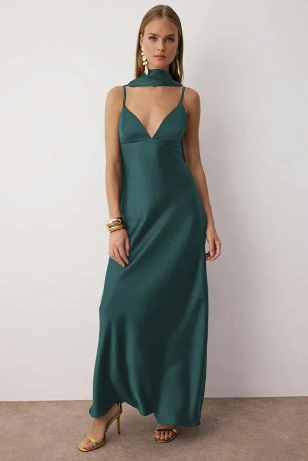 Hoxton Gal Maxi Satin Evening Dress with Shawl Detail