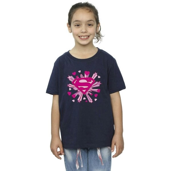 DC Comics Girls Superman Pink Hearts And Stars Logo Cotton T-Shirt - Navy Blue