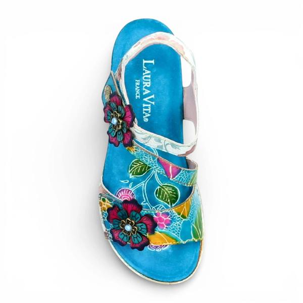 Laura Vita Bonito 32 - Women's Blue Floral Leather Wedge Sandals
