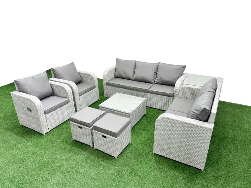 Fimous Rattan Garden Furniture Set Adjustable Chair Sofa Double Love Seat 2 Seater Sofa Lounge Set Square Coffee Table 2 Stools Side Table Light Grey