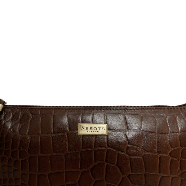 Assots London 'ZARA' Tan Croc Real Leather Baguette Shoulder Bag