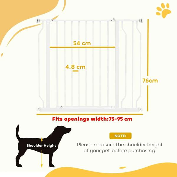 White adjustable-width pet safety gate for openings with hinged door panel