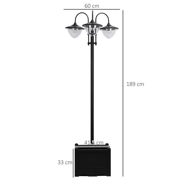Black 3-head solar street lamp with planter box and dimension outline