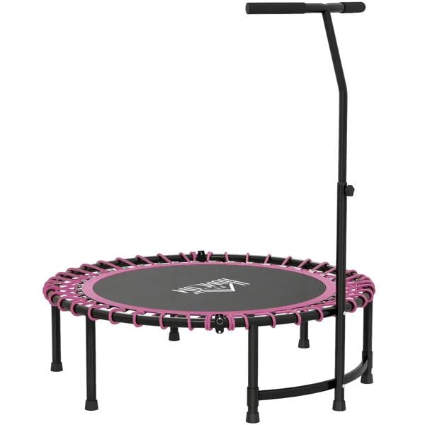 Pink mini round trampoline with black legs and padded adjustable handle