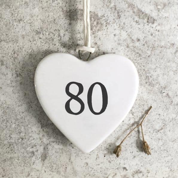 Mini Porcelain Hanging Heart – “80” Birthday Keepsake Elegant Milestone Gift