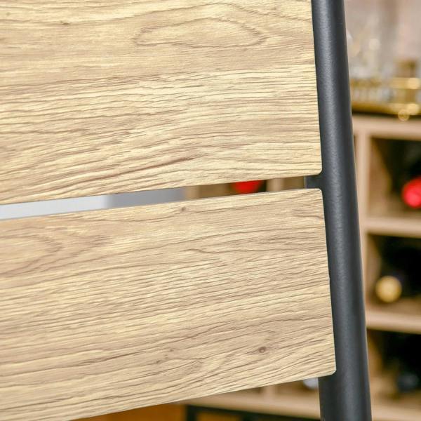 Close-up of light wood chair seat and back slats with black metal leg