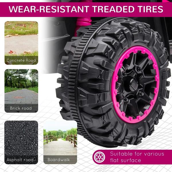 Black treaded tires with pink rims for a 12V ride-on quad bike