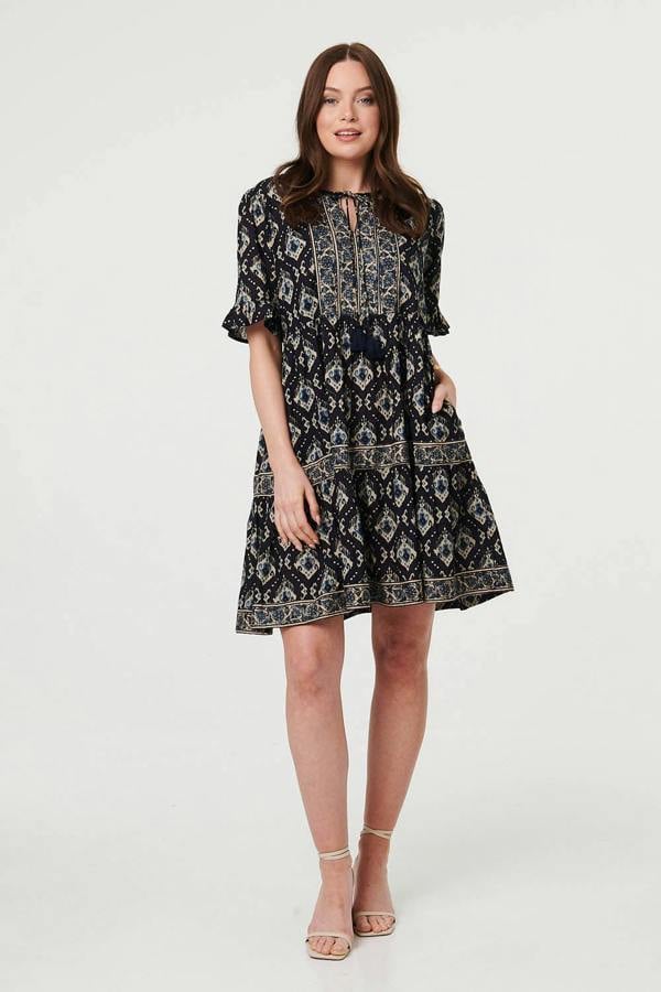 Navy | Printed 1/2 Flared Sleeve Short Dress