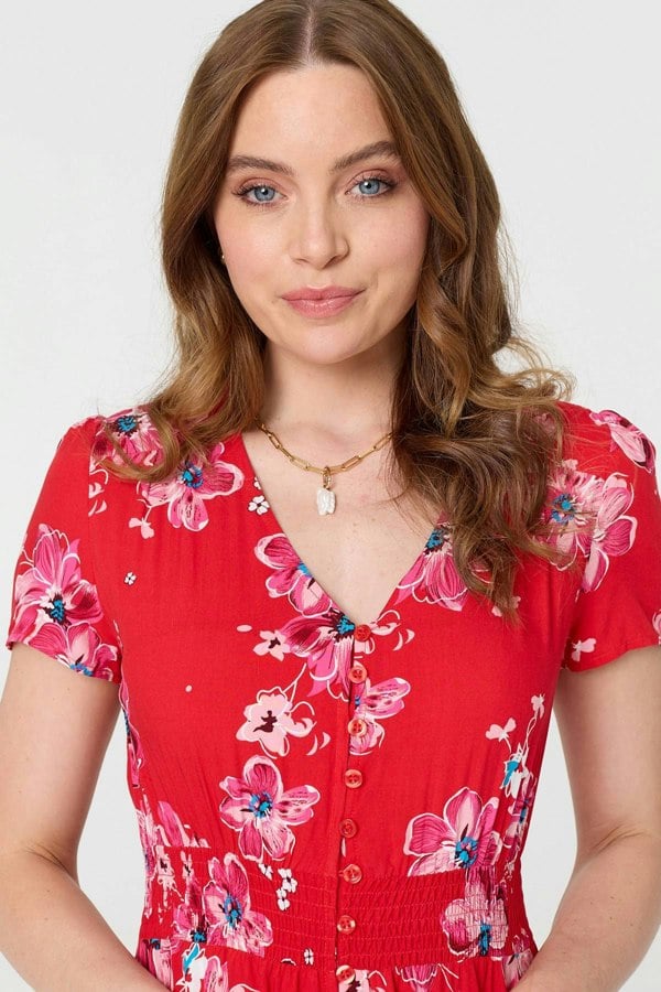 Red | Floral Short Sleeve Shirred Maxi Dress
