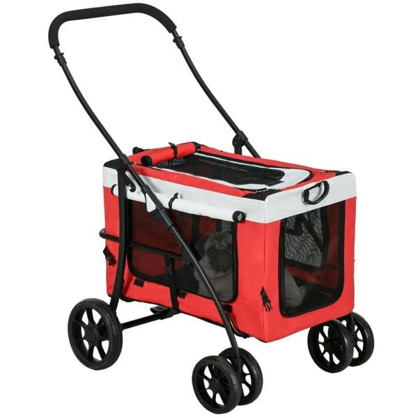 Red foldable pet stroller with black handle, mesh windows, and four low-profile wheels