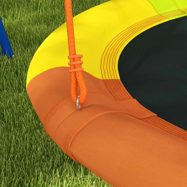 Orange rope attachment on multicolor nest swing seat edge on grass