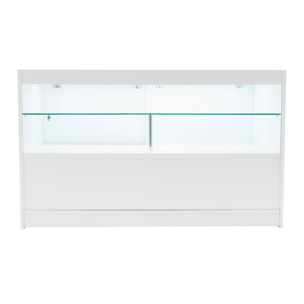 Sleek white LED retail shop counter C1500 with glass display shelves, modern design, perfect for showcasing products in stores