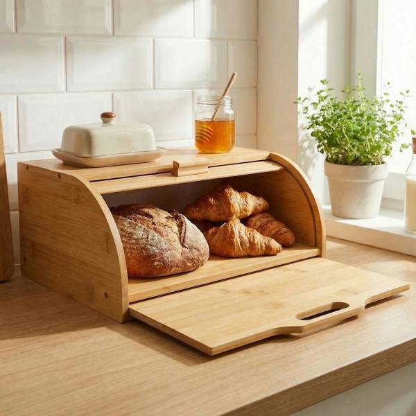 Maison des Cadeaux Bamboo Bread Box with Slide-Out Chopping Board