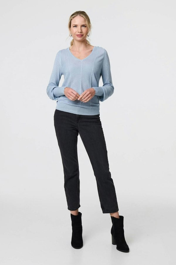 Blue | Metallic Stripe Detail Fitted Top
