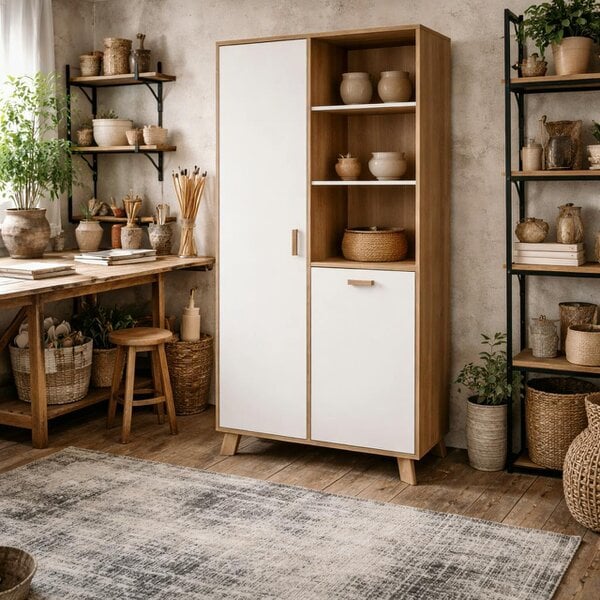 Wyld Haus Lira Jackson Hickory Oak Wood and White China Cabinet 2 Doors