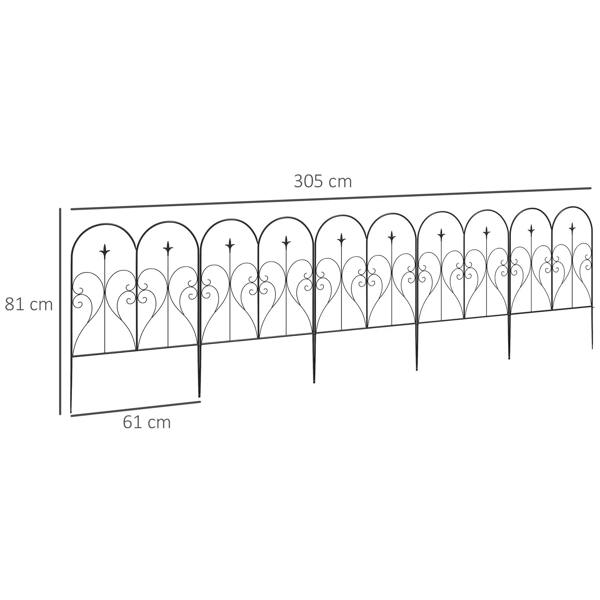 Decorative black metal fence panels with repeated heart arches and pointed finials, shown flat