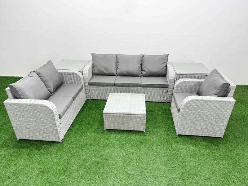 Fimous 6 Seater Outdoor Rattan Furniture Sofa Set with Square Coffee Table Reclining Chair Loveseat Sofa 3 Seater Sofa 2 Side Table Light Grey