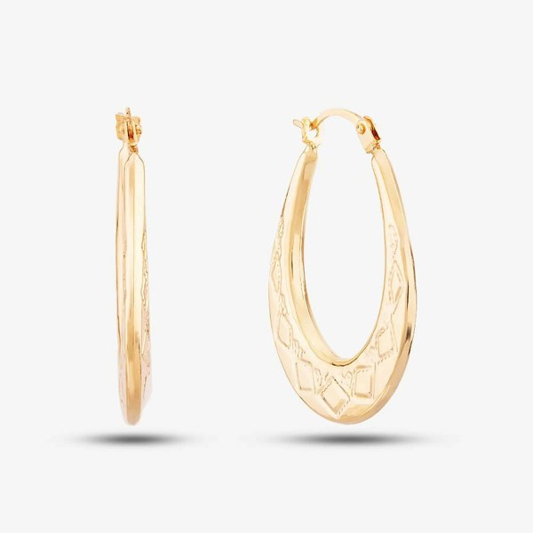 T. H. Baker 9ct Yellow Gold Patterned Oval Creole Earrings 1.53.7409