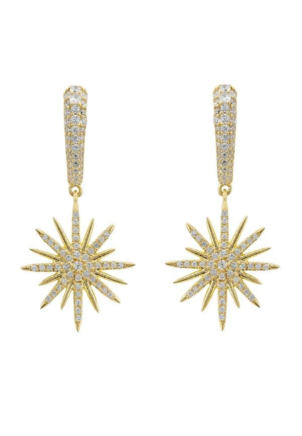 Gold star-shaped earrings with silver gemstones on a white background