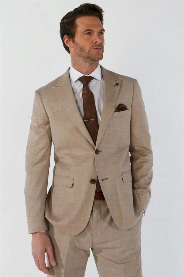 Infinity Leather Men's 3 Piece Beige Summer Wedding Tailored Fit Suit