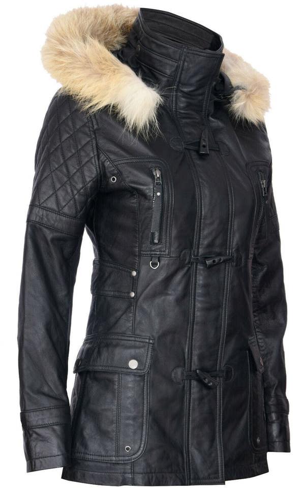 Womens Quilted Leather Hooded Parka Jacket-Northampton - Upperclass Fashions 