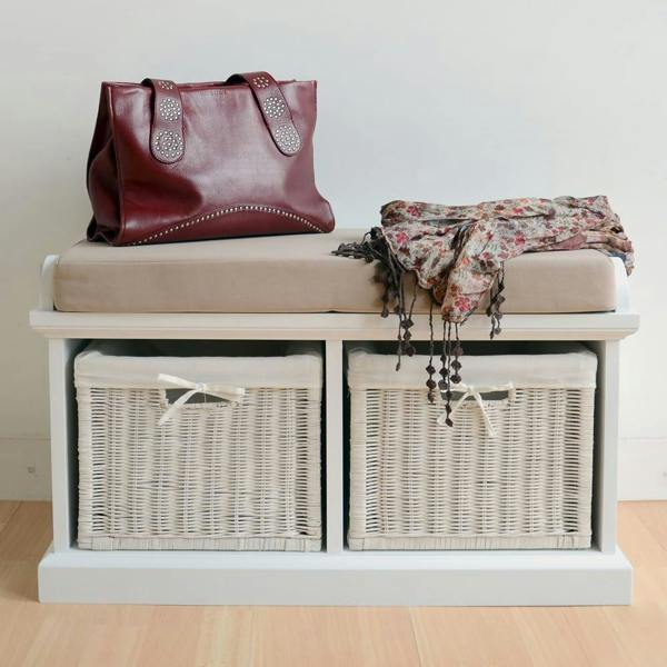Statement Furniture Tetbury White Bench with White Wicker Baskets and Cream Cushion