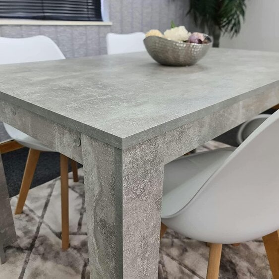 Kosy Koala Stone Grey Effect Wood Dining Table Set with 4 White Plastic Chairs Modern Dining Room Furniture