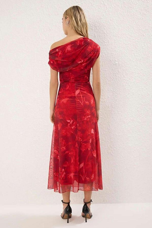 WOVCOR Patterned Lined Tulle Knit Midi Evening Prom Dress