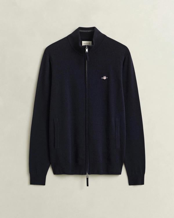 GANT Mens Superfine Lambswool Full Zip Sweater - 410 Marine | CHO | Designer Mens Full Zip Jumpers