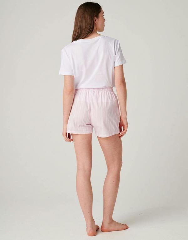 British Boxers Women's Crisp Cotton Sleep Shorts – Shell Pink Satin Stripe