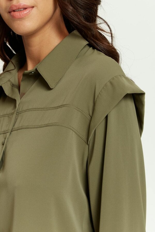 Hoxton Gal Relaxed Fit Shoulder Detailed Long Sleeves Shirt in Khaki