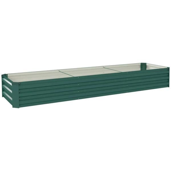 Green galvanized steel raised planter with open bottom, rectangular trough.