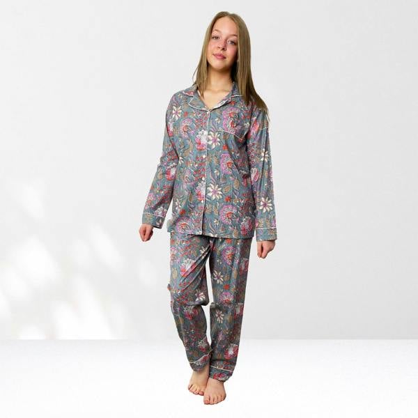 Hayley & Co Block Print Floral 100% Cotton Long Pyjama Set in Grey and Pink