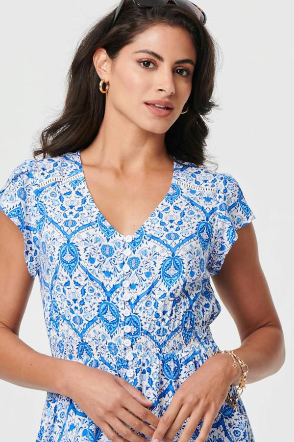 Light Blue | Mosaic Print Cap Sleeve Maxi Dress